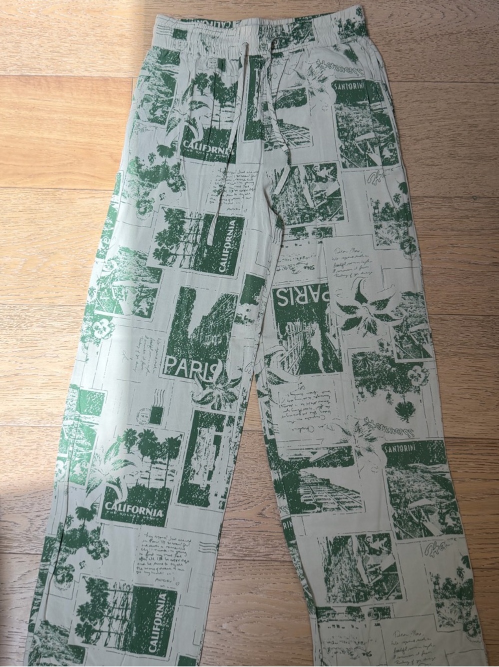 Urban Outfitters Cream and Green Printed Wide-Leg Pants